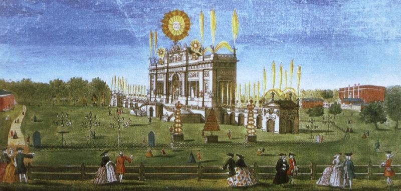 wolfgang amadeus mozart a contemporary artist s view of the structure erected in  green park for the 1749 firework display celebrating the peace of aix la chapelle. oil painting image